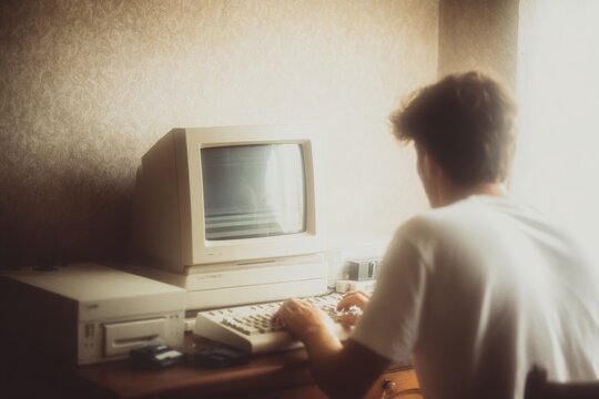 Young man with curly hair sits at a vintage computer desk typing on a keyboard, surrounded by retro decor, evoking nostalgia for the early digital age and retro lifestyle