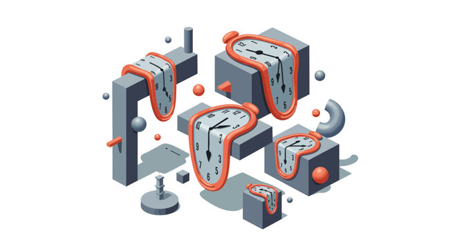 Surreal melting clocks in abstract geometric composition with isometric style