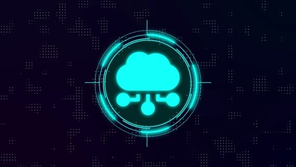 Cyan Cloud Computing Icon with Connected Nodes within a Circular HUD Element technology data