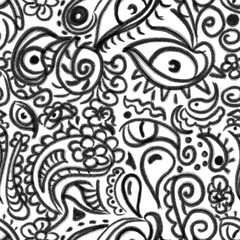 Seamless illustration pattern of abstract brush strokes. Dry brush of evil eyes and abstract elements. Black stroke on white background. Hand-drawn pattern.