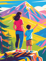 Fototapeta premium mother and child standing on the hill natural view Illustrator Artwork design template poster