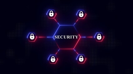 Futuristic Security Network with Blue and Red Glowing Hexagons and Padlock Icons digital technology