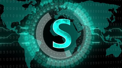 Global Digital Network with Cyan Letter S Symbol and Binary Code World Map Background technology data