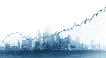 Abstract cityscape overlaid with upward trending stock chart