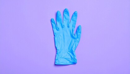 Obraz premium A single blue disposable glove lies flat on a purple background. Its smooth surface and extended fingers evoke themes of hygiene, protection, and clinical precision in a bold, minimal composition.