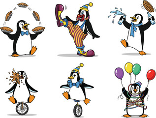 Cartoon penguins in circus acts, juggling sandwiches, unicycling, spraying water, playful costumes, humorous animal illustration, colorful comedy scene, whimsical art