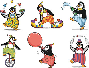 Cartoon penguins as circus clowns, juggling balls and pies, riding unicycles, playful comedy acts, colorful costumes, humorous animal illustration, fun art