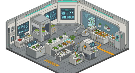 Obraz premium Futuristic isometric space kitchen with hydroponics and advanced technology