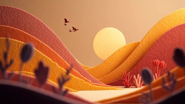 Cute minimal landscape with blobby hills, tiny abstract animals, and soft sun peeking in the corner