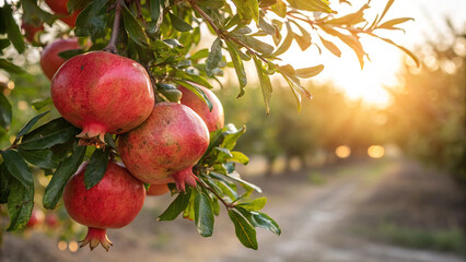 Pomegranate hanging on tree branch in garden, Pomegranate on tree in natural background