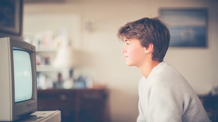 Fototapeta premium Young boy with tousled hair sits in front of vintage television, absorbed in the screen, surrounded by nostalgic decor, evoking a sense of retro lifestyle and childhood memories