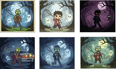 Zombie forest transformation sequence, boy to monster evolution, ghostly apparitions, spooky fantasy art, eerie character design, horror game asset, atmospheric illustration variations
