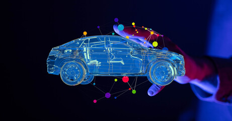 Futuristic image of a digital car model held in a hand, representing automotive technology and innovation.