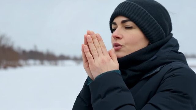 Woman warming hands in cold weather