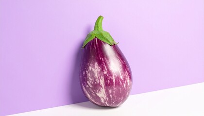 A single upright graffiti eggplant with marbled purple and white skin stands against a soft purple and white background. Its glossy texture and vibrant color evoke freshness and visual elegance.