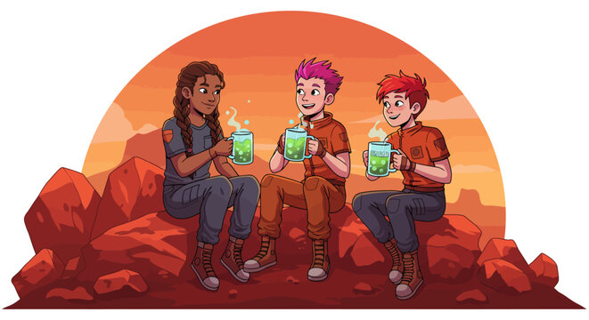 Friends enjoying drinks on a martian landscape at sunset in cartoon style