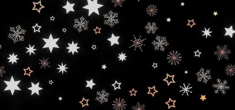 Festive winter background with white and gold stars and snowflakes on a black background. Perfect for holidays.