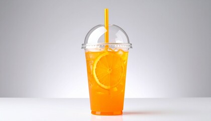 Fototapeta premium A clear plastic cup filled with orange juice sits against a light gray background. A dome lid, orange straw, and visible orange slice evoke freshness, simplicity, and vibrant visual charm.