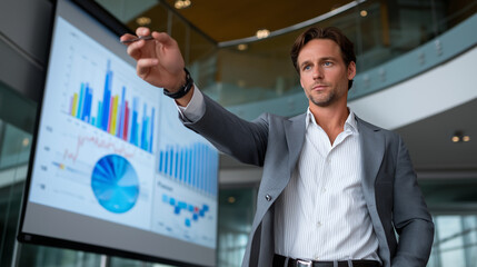 CEO Analyzing Sales Data on Projection Screen