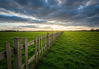 Obraz premium Golden sunset light streams over a lush green field with a rustic wooden fence stretching into the distance