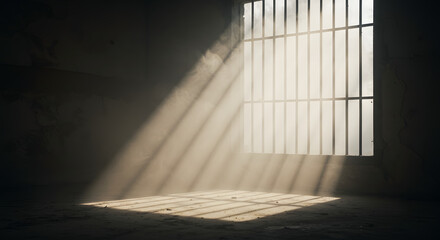 Foggy Room with Light Streaming Through Rusty Window Bars – Mysterious Atmosphere of Isolation and Time’s Passage