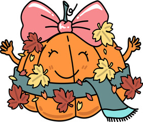 Retro Groovy Cute Autumn Pumpkin with Scarf and Bow Cartoon