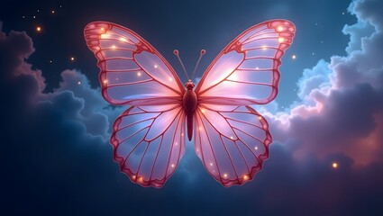 Ethereal Butterfly with Glowing Wings at Dusk, Magical Pink Butterfly against a Starry Sky, Luminous Moth with Translucent Wings in a Dreamlike Setting, Dreamy Butterfly with Shimmering Wings