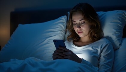 Junge Frau mit Smartphone im Bett bei Nacht 
