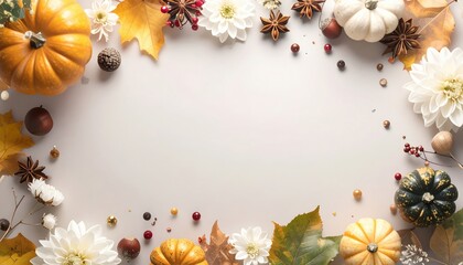 an autumnal display featuring pumpkins, flowers, leaves, and spices arranged in a decorative frame