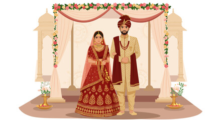 A beautifully illustrated Indian couple stands together, adorned in traditional wedding attire, under a floral arch.