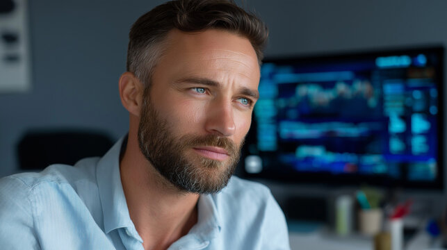 Serious investor analyzing data with focused expression