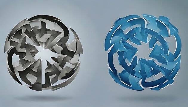 Two abstract 3D sphere designs with swirling, fragmented shapes