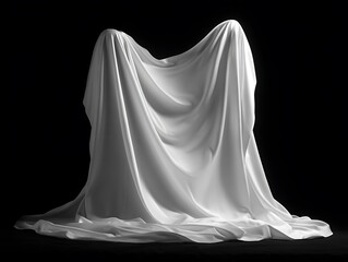 Naklejka premium white, fabric, draped, black, background, elegant, flowing, drapes, textured, creating, artistic, folds, dark, backdrop, soft, dramatically, against, arrangement, surface, sculptural, cloth, textile, 