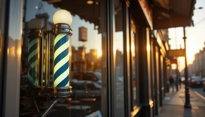 A barber shop's striped pole sign, reflecting the sunset, stands out against a city street scene.