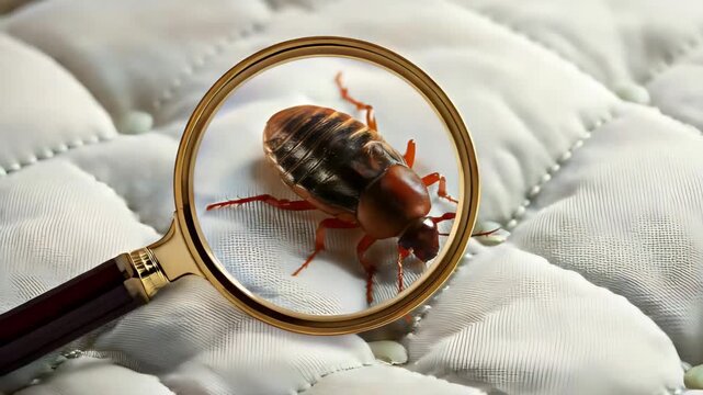 Close-up of Bed Bug under Magnifying Glass on Mattress Illustrating Pest Control Inspection