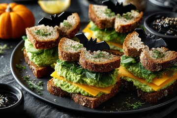 Black plate features Bat-shaped Sandwiches, toasted bread snacks shaped like wings, filled with guacamole, cheese, dilled dillies. Concept of dark, moody Bat-shaped Sandwiches aesthetic.