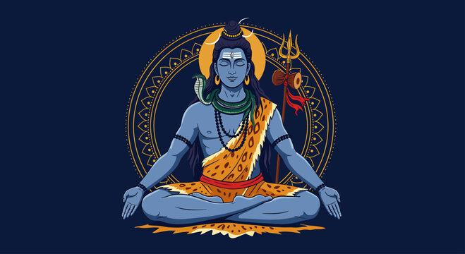 Illustration of the Hindu god Shiva in a meditative pose, adorned with a snake, trident, and tiger skin, set against a decorative circular background.