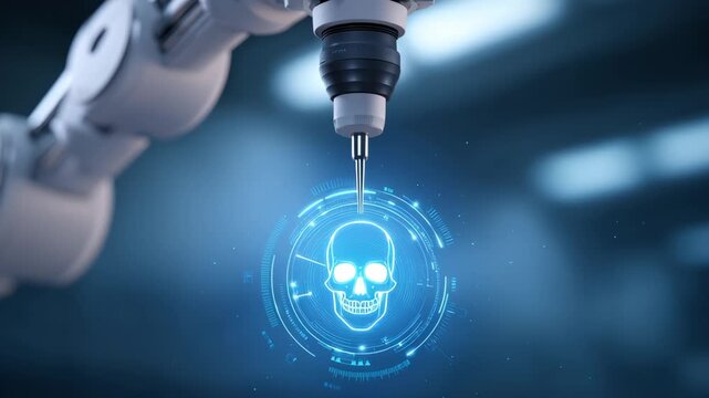 Ai robot arm surgical robot skull hologram medical technology precision tool futuristic lab sterile environment blue glow ai surgery hope