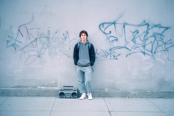 Young male in casual attire stands confidently against a graffiti-covered wall, with a vintage boombox on the ground, embodying retro urban lifestyle and youthful expression