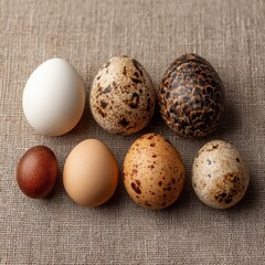 Obraz premium Assorted eggs of various sizes and colors on rustic fabric.
