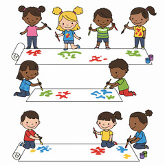 Diverse group of happy children playing in the sand, building sandcastles with buckets and shovels, enjoying summer beach activities.