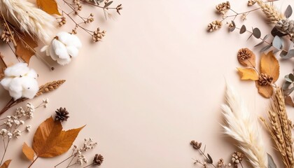 A delicate arrangement of dried plants with soft colors, exuding warmth and elegance. The plants, including cotton, pampas grass and seed pods are scattered on the corner of the frame
