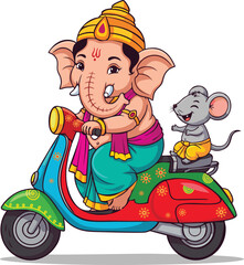 Cartoon Ganesha Riding a Scooter with Mouse