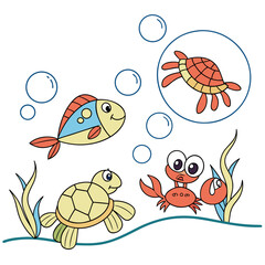 Cartoon sea animals with fish, turtle, crab and bubbles