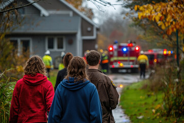 A group of people walking outside their house, after evacuating due to a carbon monoxide leak, with emergency responders in the background