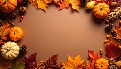Fototapeta premium fall harvest border with pumpkins and autumn leaves. A beautiful arrangement of pumpkins, autumn leaves, and pine cones in a cozy border
