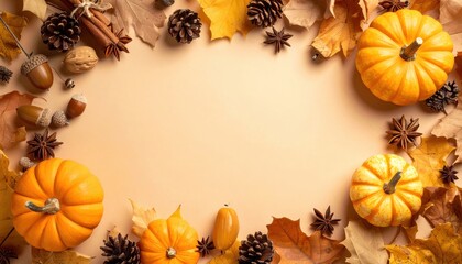 autumn harvest of pumpkins, maple leaves and cones, creating a vibrant and cozy frame for Thanksgiving celebration.