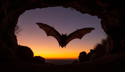 Animals: bat flying out of cave at twilight, photographed in silhouette against orange and purple sky.