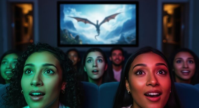 Diverse group enjoying a fantastical dragon movie at home with immersive lighting