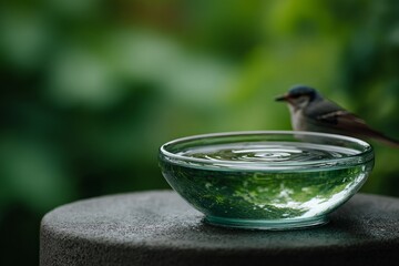 Obraz premium Bird perched by a glass bowl of water in a green garden.